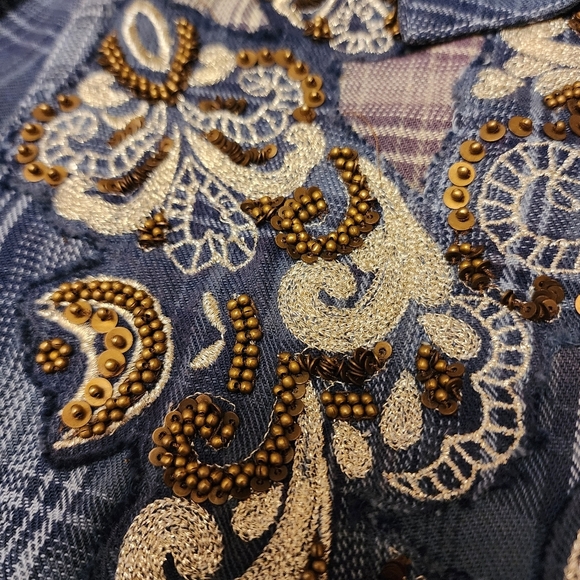 Free People Embellished Blue Plaid Buttondown Tunic Top S - Picture 16 of 16